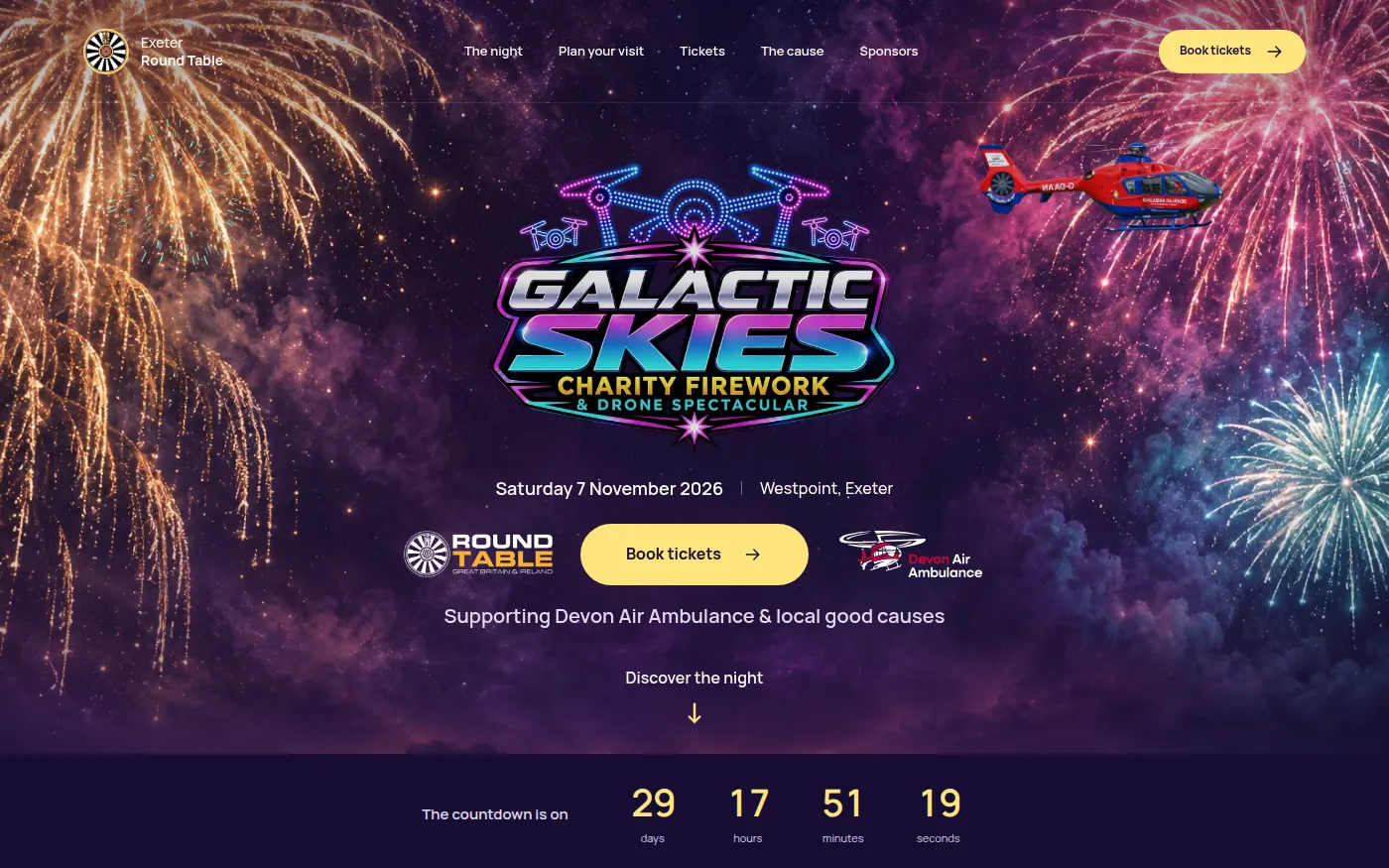 Galactic Skies homepage on desktop: neon event logo over a night sky of fireworks